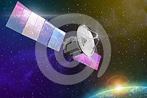 Industrial illustration of cosmic satellite with huge solar power panels - 3D Illustration