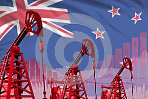 Industrial illustration of oil wells - New Zealand oil industry concept on flag background. 3D Illustration