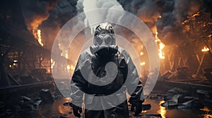 Industrial Inferno: Man in Gas Mask Confronts the Blaze. Ai generated