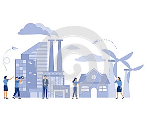 Industrial infographic template, ecology and nature pollution concept, buildings, skyscrapers, factories, house, nature, energy