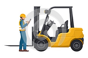 Industrial inspector inspecting a lift truck. Preventive maintenance of an industrial forklift. Industrial storage and