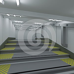 Industrial interior, corridor with stairs and ventilation system