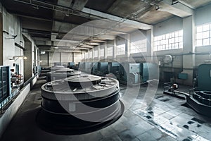 Industrial interior of hydroelectric power station with electric generators. Generative AI