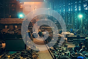 Industrial interior, large hangar workshop in metallurgical plant foundry