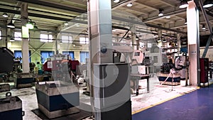 Industrial interior of the metal processing shop at the factory with the special equipment. Footage. Production hall of