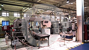 Industrial interior of the metal processing shop at the factory with the special equipment. Footage. Production hall of