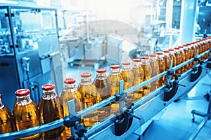 Industrial interior of natural juice plant production in blue color. Conveyor belt, filled bottles on beverage factory