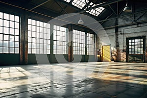 Industrial interior of an old factory building with a big windows