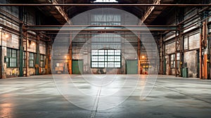 Industrial interior of an old factory or warehouse. Empty warehouse with light coming through openings