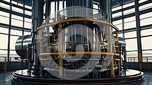 Industrial interior of a power plant. Shiny metal pipes and blue