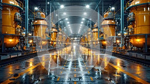 Industrial interior of a power plant. Shiny metal pipes and blue