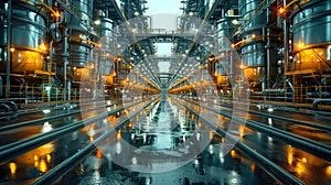 Industrial interior of a power plant. Shiny metal pipes and blue lights