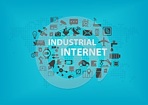 Industrial Internet (IOT) concept with world map and icons of connected devices
