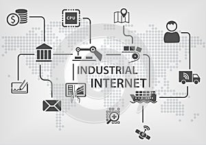 Industrial Internet (IOT) concept with world map and process flow for business automation