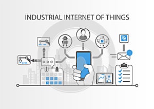 Industrial internet of things or industry 4.0 concept with simple icons on grey background