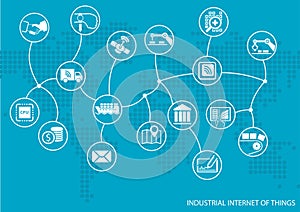 Industrial internet of things (IOT) concept. World map of connected value chain of goods