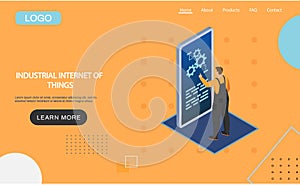 Industrial internet of things landing page template, smart industry, worker connecting with factory