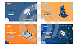 Industrial internet of things modern production landing page set. Innovative methods of data storage