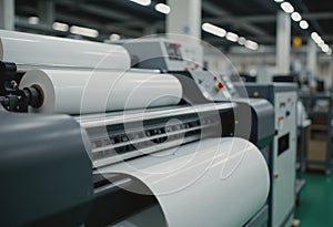Industrial laminating machine with rolls of material in a factory setting