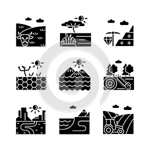 Industrial land black glyph icons set on white space