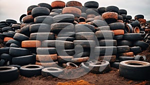 Industrial landfill for the processing of waste tires and rubber tyres. Pile of old tires and wheels for rubber recycling