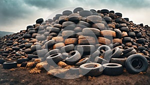 Industrial landfill for the processing of waste tires and rubber tyres. Pile of old tires and wheels for rubber recycling