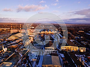 Industrial landscape aerial view. Warehouses and workshops