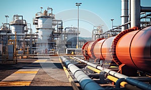 Industrial landscape: Detailed view of gas and chemical plant infrastructure with storage tanks, pipelines, and modern machinery