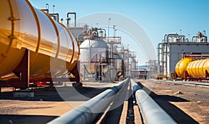 Industrial landscape: Detailed view of gas and chemical plant infrastructure with storage tanks, pipelines, and modern machinery