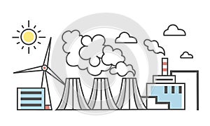 The industrial landscape. Different types of power plants. Power plant and wind power plant. Thin line style vector