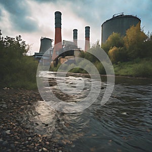 Industrial Landscape: Factory Pollution Control and Power Generation Near Waterway