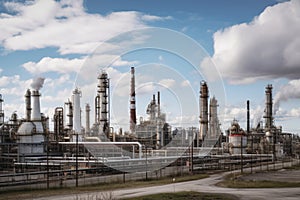 Industrial landscape featuring a large petrochemical plant with distillation towers, storage tanks