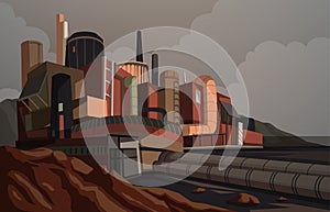 Industrial landscape with modern factory building and warehouse. industry zone with sunrise and cloudy sky.