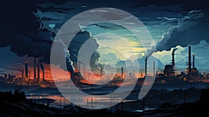 Industrial landscape with oil and gas refinery at sunset. Vector illustration. Generative AI