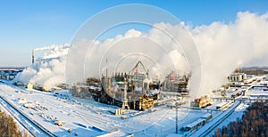 Industrial landscape. Panoramic view of the technological pipe and industrial infrastructure. Chemical production with