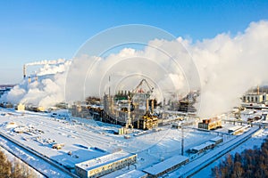 Industrial landscape. Panoramic view of the technological pipe and industrial infrastructure. Chemical production with