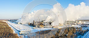 Industrial landscape. Panoramic view of the technological pipe and industrial infrastructure. Chemical production with