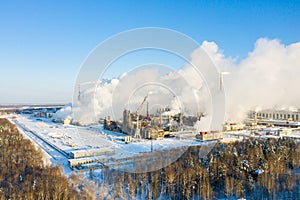 Industrial landscape. Panoramic view of the technological pipe and industrial infrastructure. Chemical production with