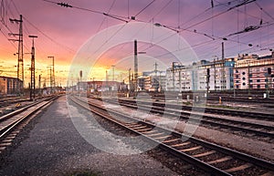 Industrial landscape. Railway Station in Nuremberg, Germany. Railroad