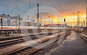 Industrial landscape. Railway Station in Nuremberg, Germany. Railroad at sunset