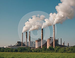 Industrial landscape with smokestack and smoking chimneys.