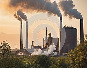 Industrial landscape with smokestack and smoking chimneys.