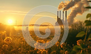 Industrial landscape with smokestack at sunrise. Energy generation and heavy industry