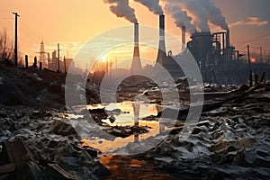 Industrial landscape with smokestack at sunset, 3d render, industrial landscape with polluted river, pollution of the environment