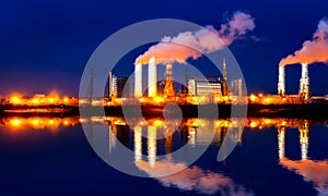 Industrial landscape with smoking chimneys and reflection in water at night