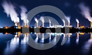 Industrial landscape with smoking chimneys and reflection in water at night