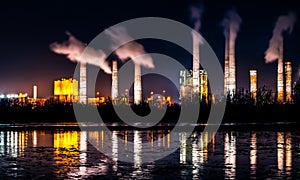 Industrial landscape with smoking chimneys and reflection in water at night