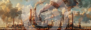 Industrial Landscape, Smoking Factory Pipes, Factory Buildings, Industrial Abstract Generative AI Illustration