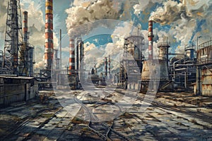 Industrial Landscape, Smoking Factory Pipes, Factory Buildings, Industrial Abstract Generative AI Illustration