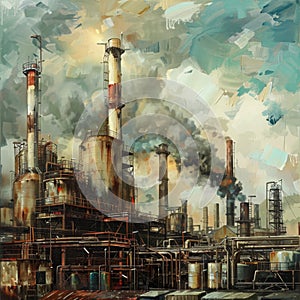 Industrial Landscape, Smoking Factory Pipes, Factory Buildings, Industrial Abstract Generative AI Illustration